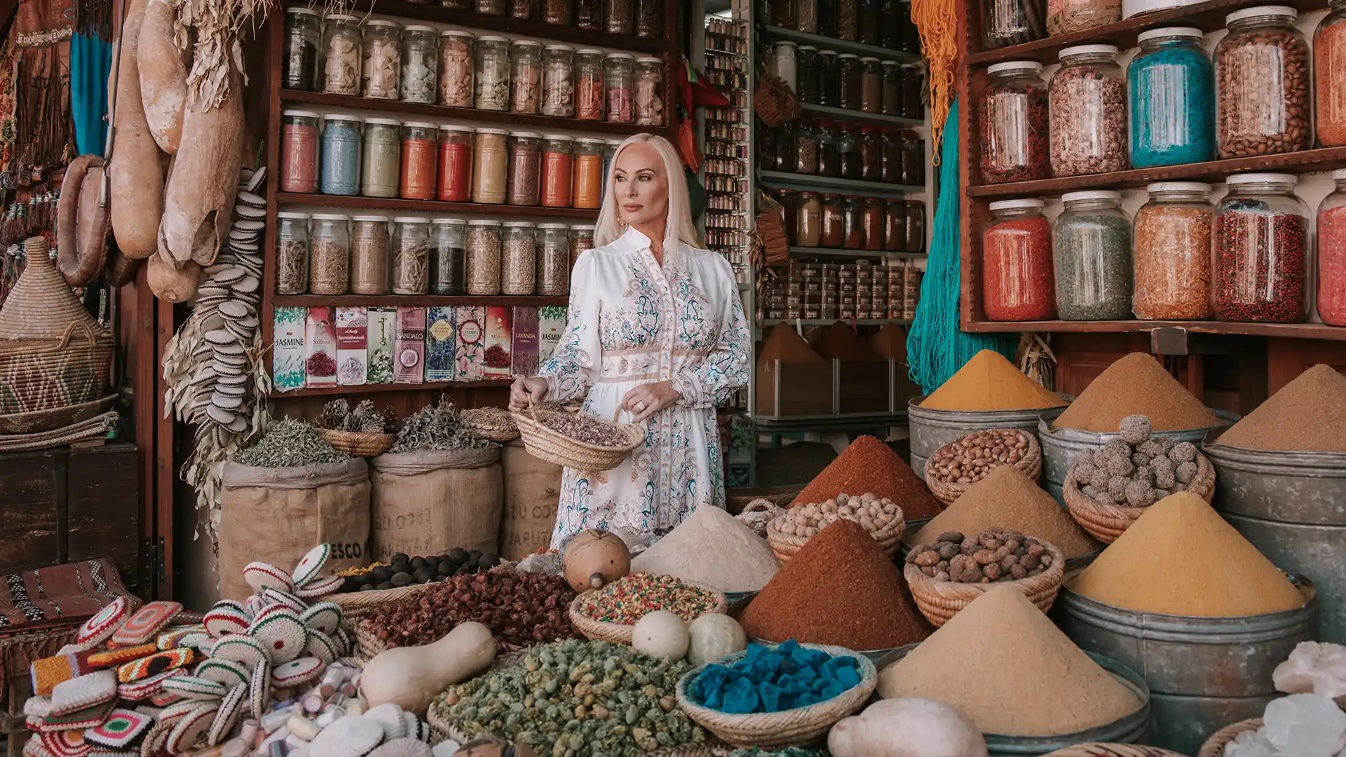 a tourist woman inside an tradtional market selling diiferenet things like species and traditional beauty make up in Moroccan souk
