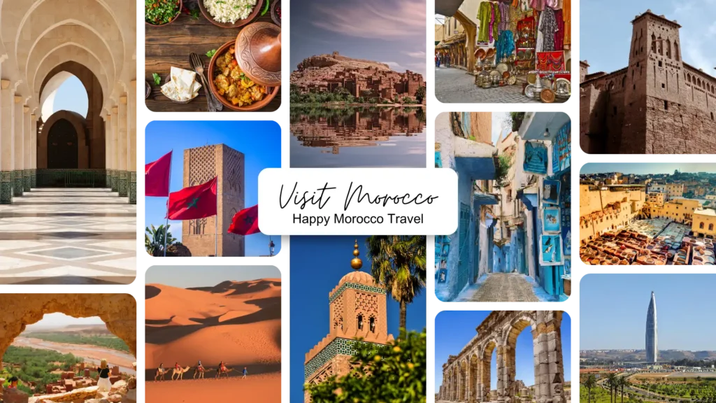 A photo grid of the best places to visit in Morocco, including a blue street in Chefchaouen, the Djemaa el-Fna square in Marrakech, and the Sahara desert.