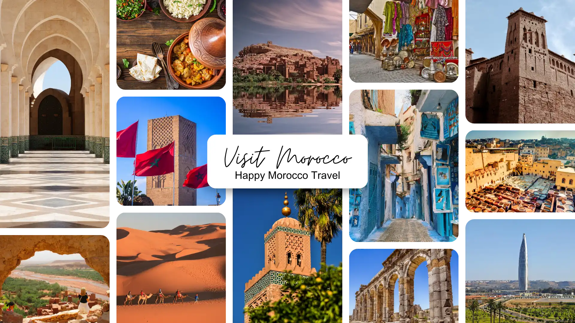A photo grid of the best places to visit in Morocco, including a blue street in Chefchaouen, the Djemaa el-Fna square in Marrakech, and the Sahara desert.